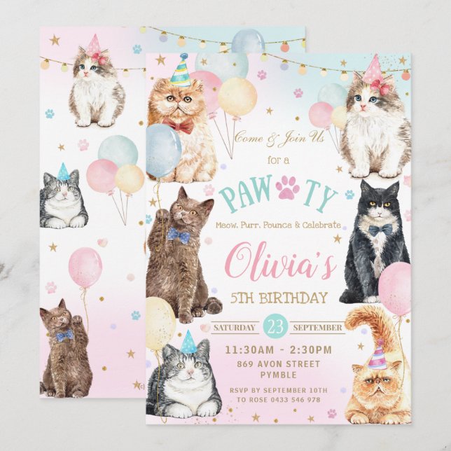Cute Adorable Pawty Cats Balloons Birthday Party Invitation (Front/Back)