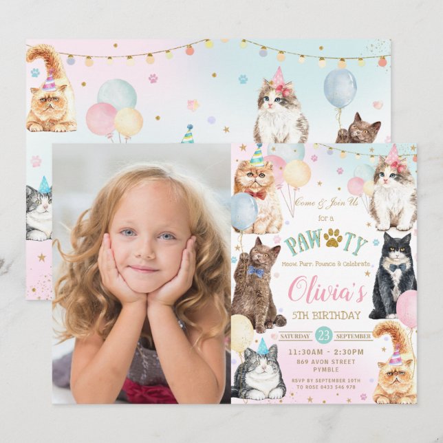 Cute Adorable Pawty Cats Balloons Birthday Photo  Invitation (Front/Back)