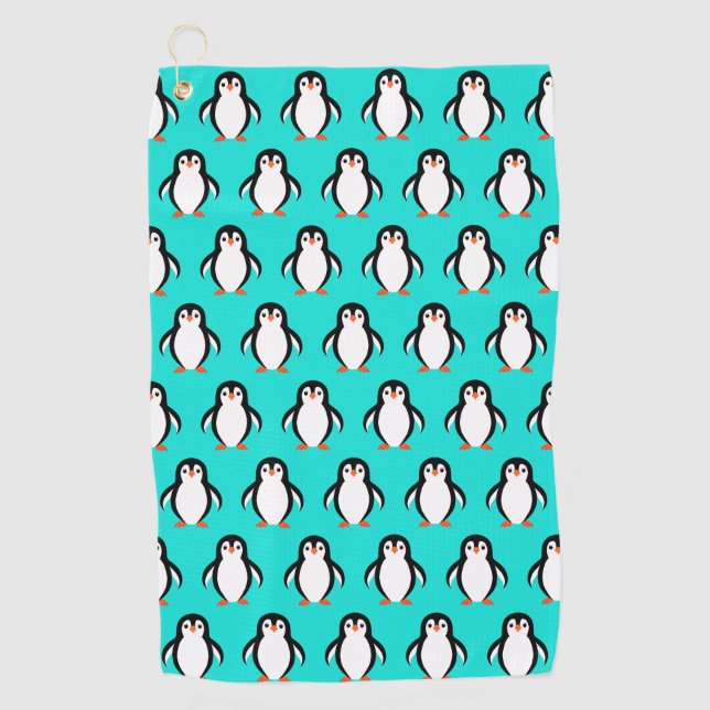 Cute Adorable Penguins Pattern on Turquoise Blue  Golf Towel (Front)