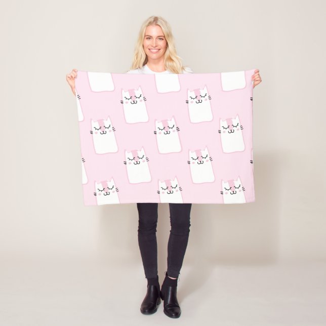 Cute Adorable Pink White Cats Kittens Pattern | Fleece Blanket (In Situ)