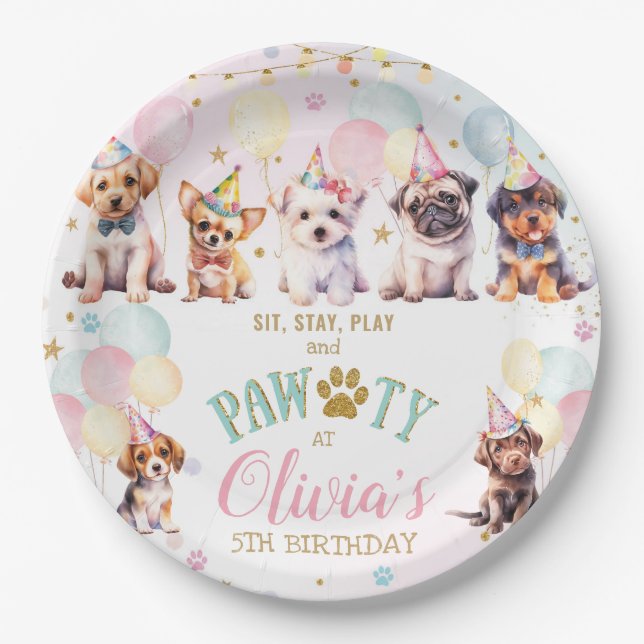 Cute Adorable Puppy Dogs Balloons Birthday Party Paper Plate (Front)