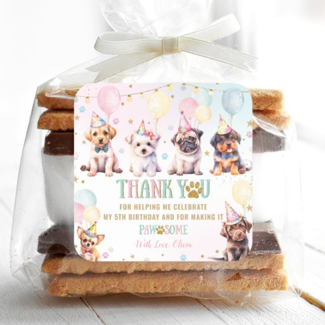 Cute Adorable Puppy Dogs Balloons Birthday Party Square Sticker (Creator Uploaded)