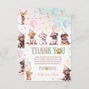 Cute Adorable Puppy Dogs Balloons Birthday Party Thank You Card