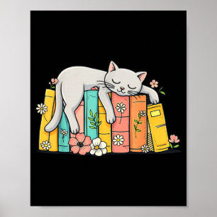 Cute adorable sleeping cat and books cosy book poster