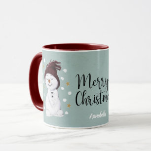 Cute adorable snowman add name blue Christmas Mug