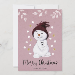 Cute adorable snowman pink Christmas Holiday Card