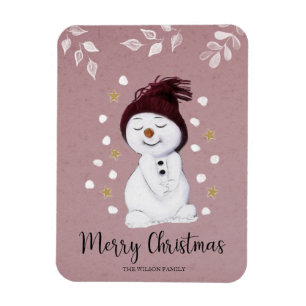 Cute adorable snowman pink Christmas Magnet