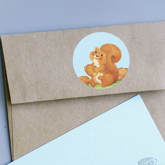 Cute Adorable Squirrel Nuts Classic Round Sticker (Cute red squirrel rosy cheeks in grass with stash of nuts and acorns on stickers.)