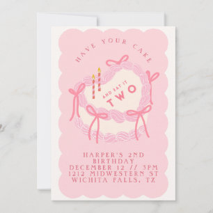 Cute Adorable Vintage Heart Cake Second Birthday Invitation