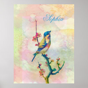 Cute adorable vintage watercolours bird floral poster