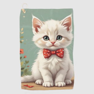 Cute adorable white cat with bow tie golf towel