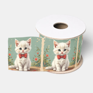 Cute adorable white cat with bow tie grosgrain ribbon