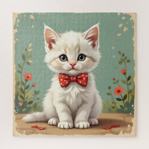 Cute adorable white cat with bow tie jigsaw puzzle