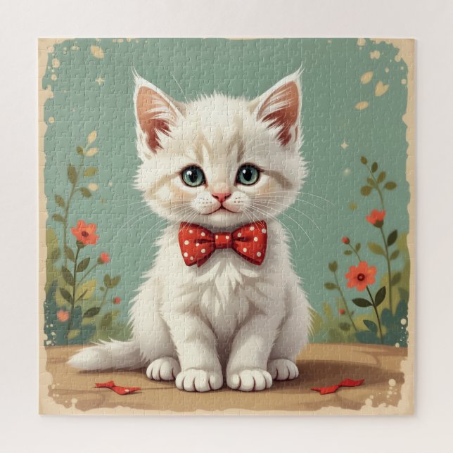 Cute adorable white cat with bow tie jigsaw puzzle (Vertical)