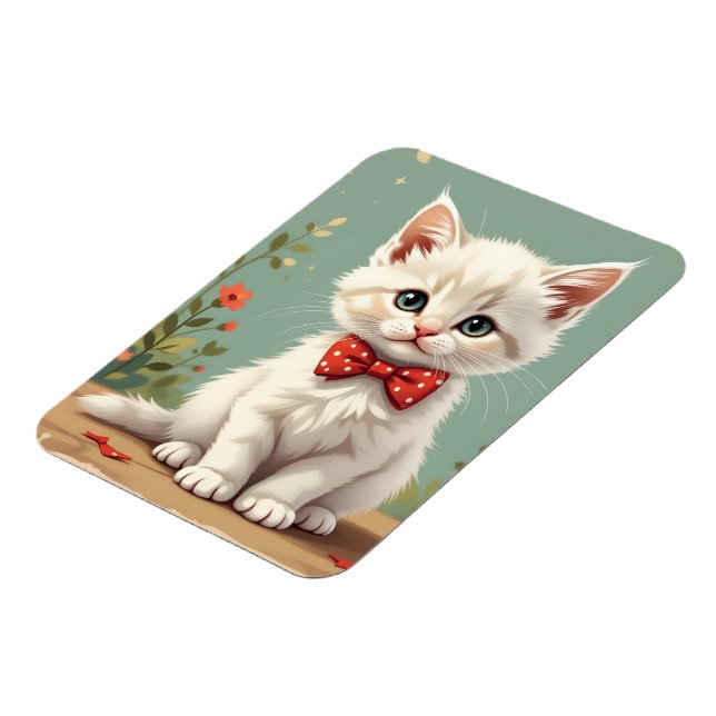 Cute adorable white cat with bow tie magnet (Left Side)