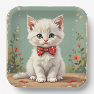 Cute adorable white cat with bow tie paper plate