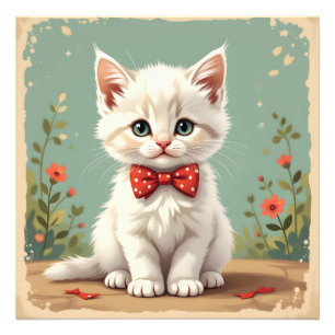 Cute adorable white cat with bow tie photo print
