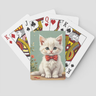 Cute adorable white cat with bow tie playing cards