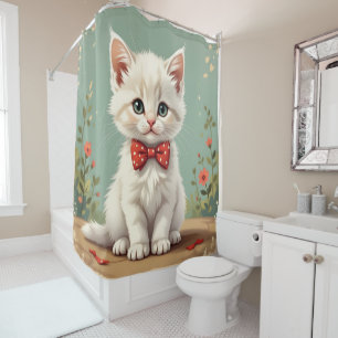 Cute adorable white cat with bow tie shower curtain