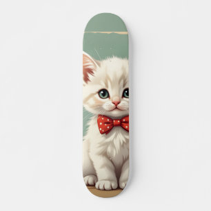 Cute adorable white cat with bow tie skateboard