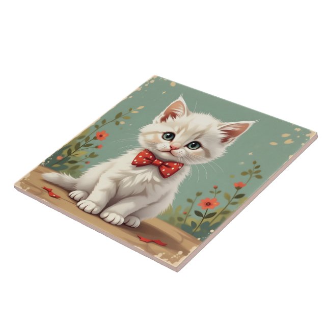 Cute adorable white cat with bow tie tile (Side)