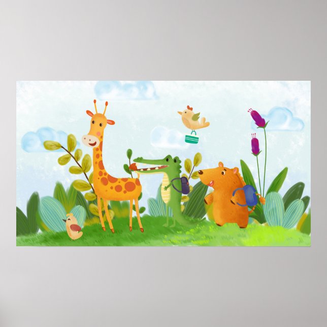 Cute Adorable Wild Animals Schooling Cartoon Poster (Front)