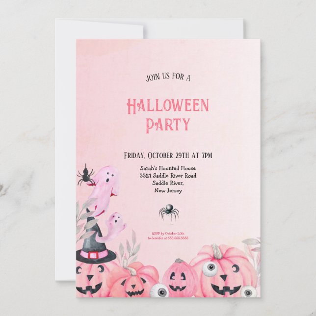 CUTE ADULTS AND KIDS PINK HALLOWEEN PARTY  INVITATION (Front)