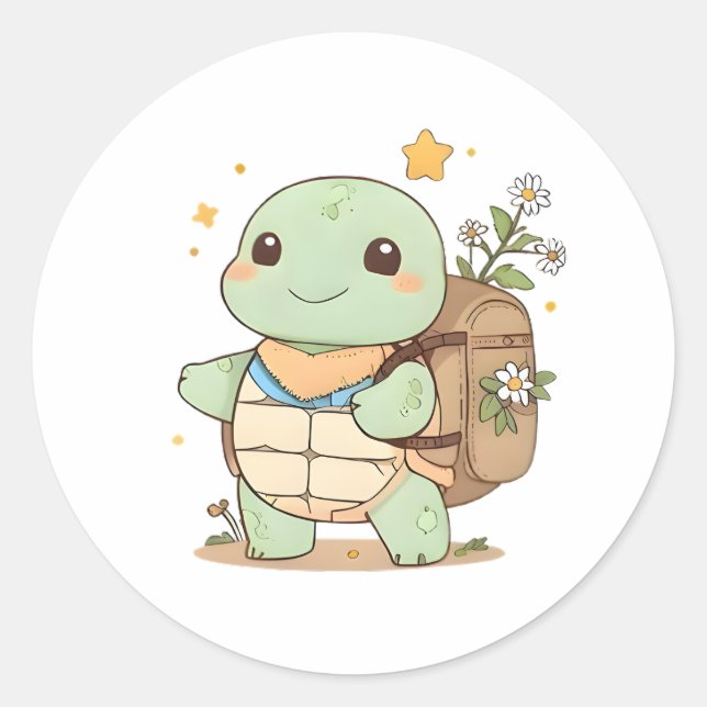 Cute Adventure Turtle Traveller Kawaii Design Classic Round Sticker (Front)