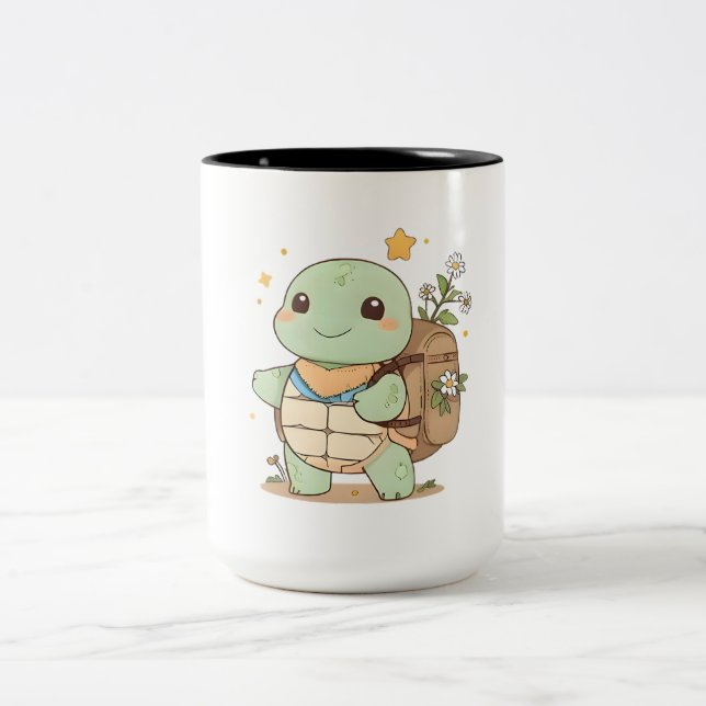 Cute Adventure Turtle Traveller Kawaii Design Two-Tone Coffee Mug (Center)