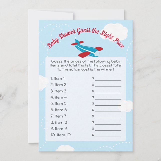 Cute Aeroplane Baby Shower Guess Right Price Game Invitation (Front)