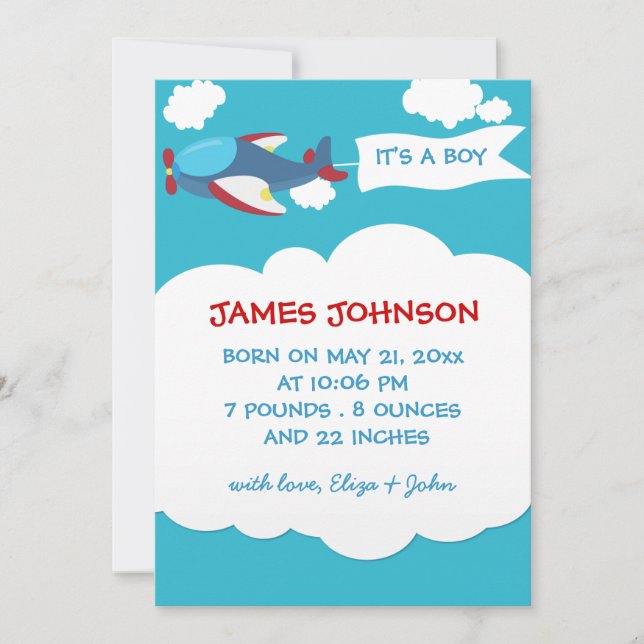 Cute Aeroplane Boy Baby Birth Announcement Card (Front)