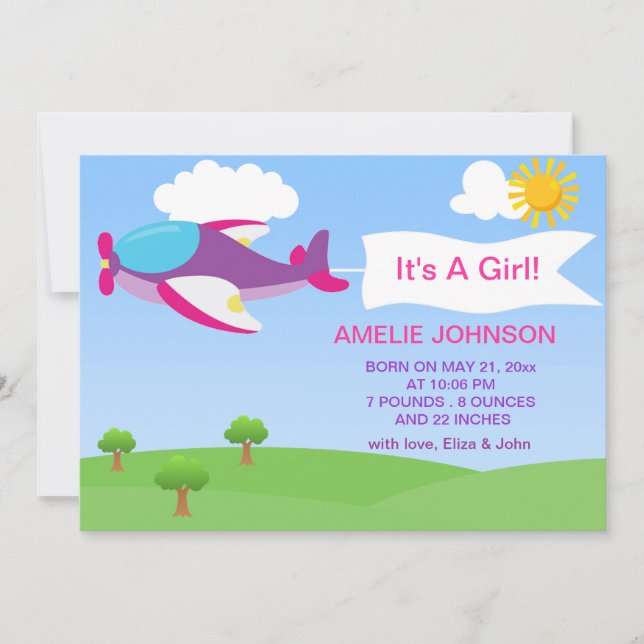 Cute Aeroplane Girl Baby Birth Announcement Card (Front)
