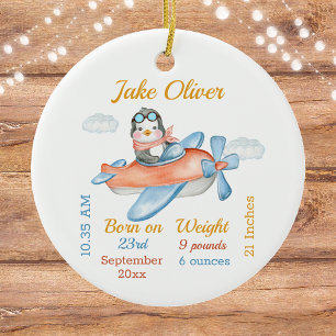 Cute Aeroplane Penguin Baby Boy Stats Ceramic Orna Tree Decoration
