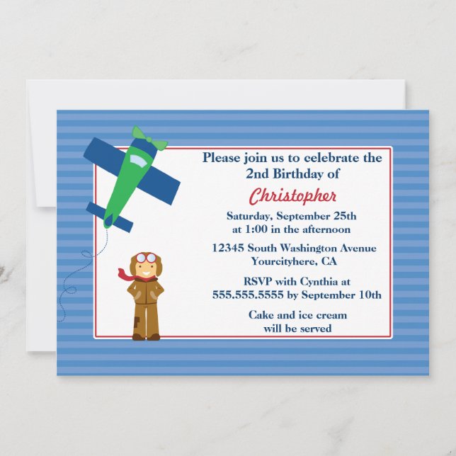 Cute aeroplane pilot boys birthday party invitatio invitation (Front)