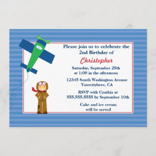 Cute aeroplane pilot boys birthday party invitatio invitation