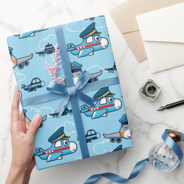 Cute Aeroplane Pilot Flying Wrapping Paper (Gifting)