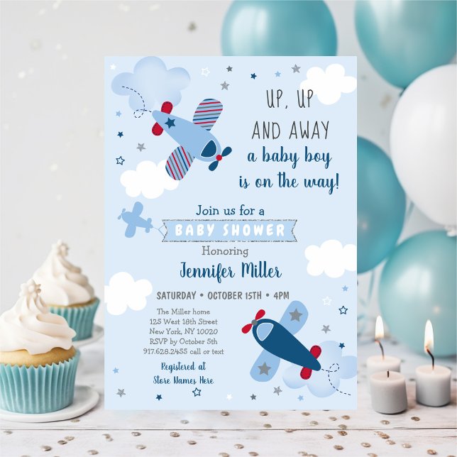Cute Aeroplane Stars Clouds Baby Shower Invitation (Creator Uploaded)