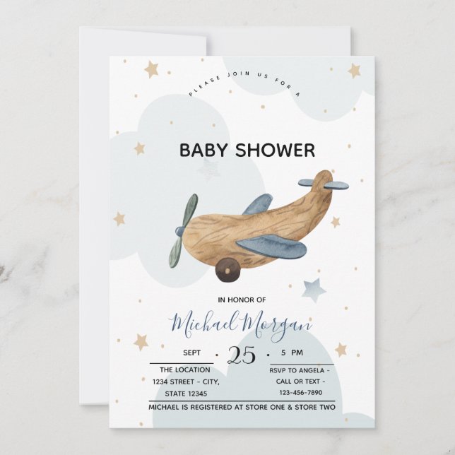 Cute Aeroplane Toy Clouds Baby Shower  Invitation (Front)