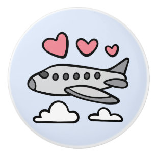 Cute aeroplane with red hearts and white clouds ceramic knob