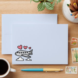 Cute aeroplane with red hearts and white clouds envelope
