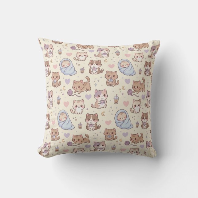Cute Aesthetic Kitten Pattern Throw Pillow - Cozy  (Front)