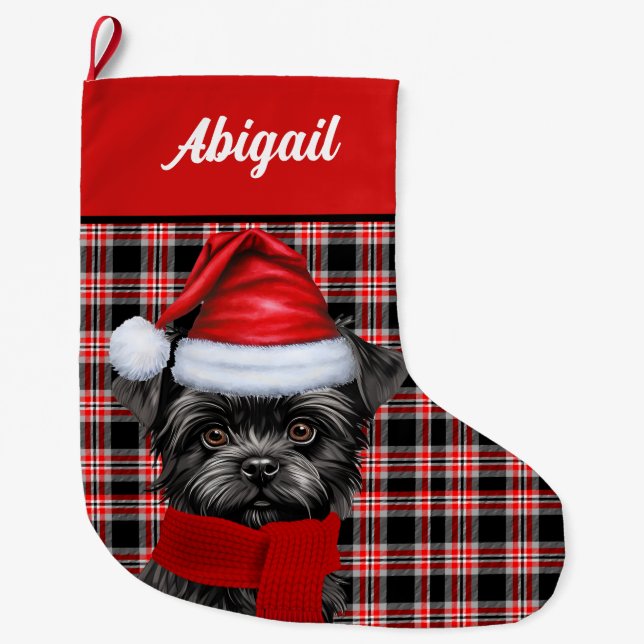 Cute Affenpinscher Dog Holiday Plaid Personalised Large Christmas Stocking (Front)