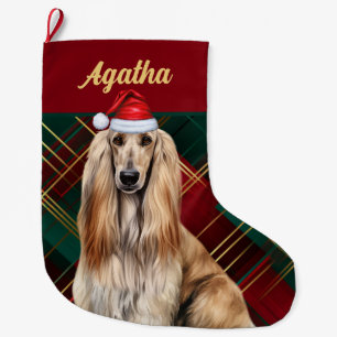 Cute Afghan Hound Dog Holiday Plaid Personalized Large Christmas Stocking