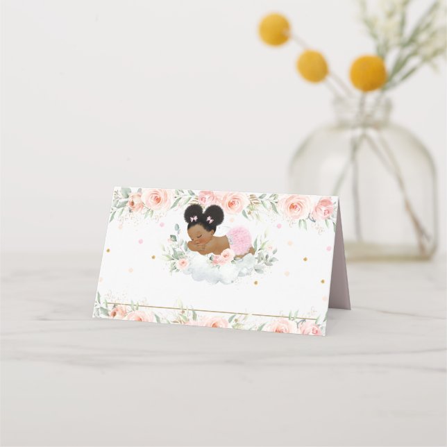 Cute African Afro Puff Pink Floral Shower Birthday Place Card (Front)