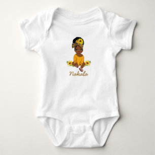 Cute African American Baby Girl Sunflower Floral  Bodysuit