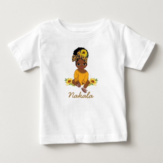 Cute African American Baby Girl Sunflower Floral   T-Shirt (Front)