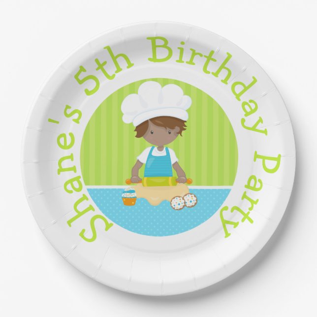 Cute African American Boy Baking Birthday Party Paper Plate (Front)