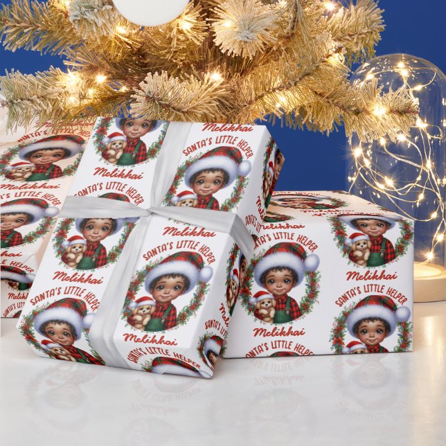 Cute African American Boy with Puppy Christmas Wrapping Paper (Holidays)