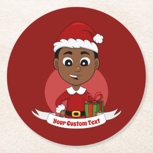 Cute African American Christmas boy cartoon Round Paper Coaster