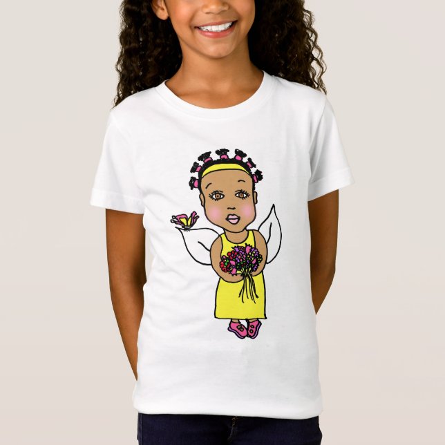 Cute African-American Fairy Whimsical Folk Art T-Shirt (Front)